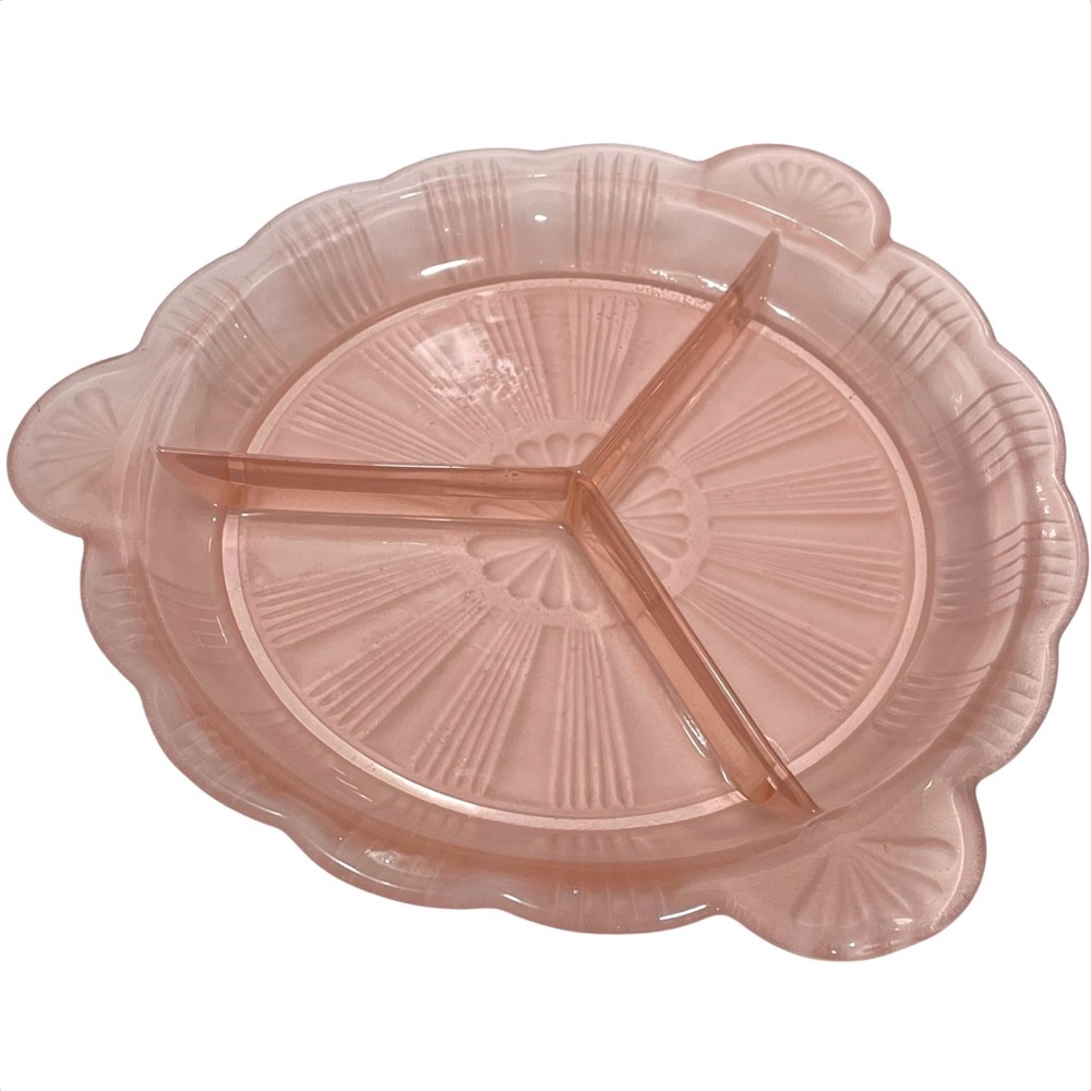 Vintage 1930s Hazel Atlas Depression Glass Ridge Satin Fan Divided Relish Dish